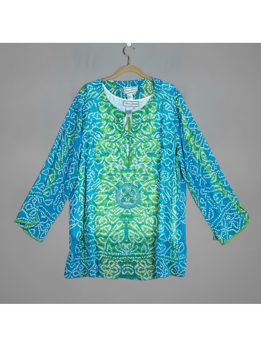 Diane Gilman 2 Piece Set Blue Green Silk Embroidered Top Tunic & Tank 1X Boho